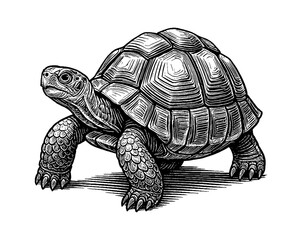 Detailed Line Art of a Walking Tortoise, Black and White Engraving of Turtle