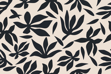 Modern black botanical silhouette pattern on a soft beige background. Elegant and minimal floral leaves perfect for textile, wallpaper, and stylish digital designs.