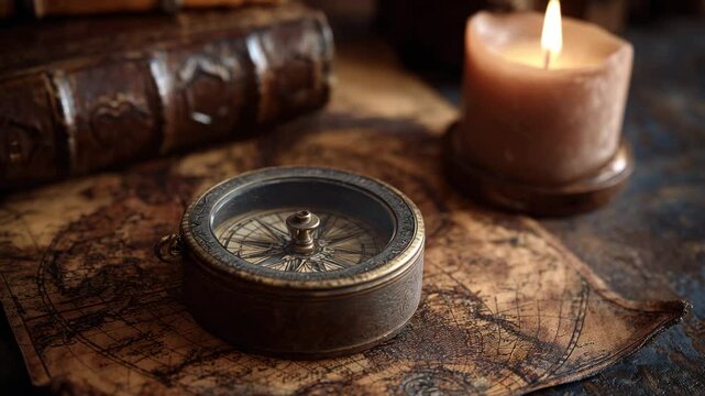 Antique compass rests on aged map near lit candle and leather bound books, dark brown tones, warm lighting, still life, exploration theme.