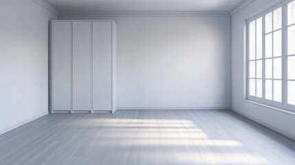 Obraz premium Empty room with white wardrobe and large window
