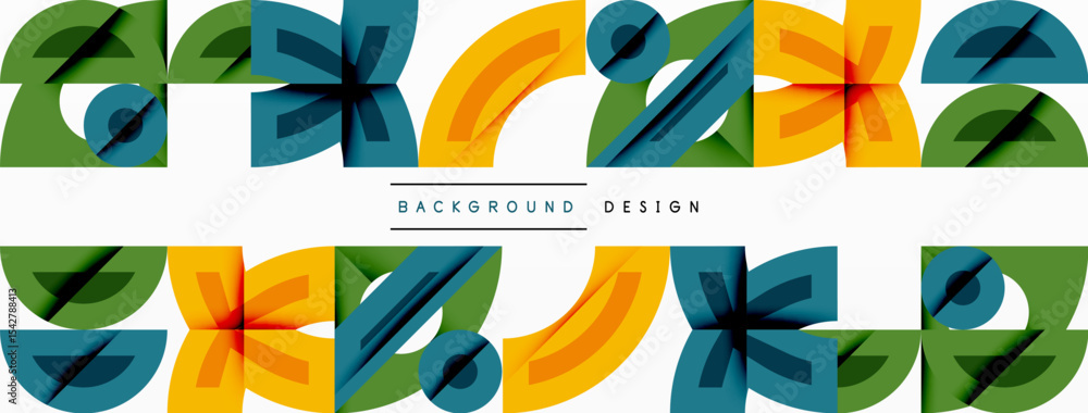 Poster repeating geometric shapes create vibrant pattern. colors include green, blue, gold, teal. design fe