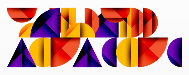 Abstract geometric shapes form colorful text. Bold design utilizes triangles, rectangles, curves. Modern aesthetic, vibrant hues dominate composition.