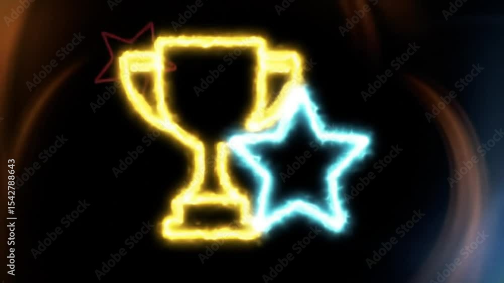 Poster animated trophy and star with neon glowing effect on black background loopable