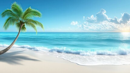 Obraz premium Palm, white beach, turquoise sea, sunny sky horizon view