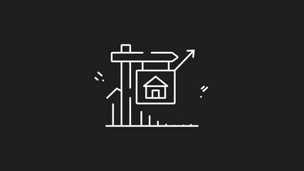 White line drawing of a house animation on a sign with an arrow pointing up. Ideal for real estate promotions, Seamless loop HD video with alpha channel on transparent background.