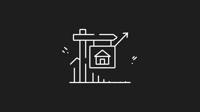 White line drawing of a house animation on a sign with an arrow pointing up. Ideal for real estate promotions, Seamless loop HD video with alpha channel on transparent background.