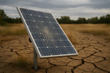Cracked Solar Panel on Dry, Cracked Earth in Arid Landscape Under Cloudy Sky