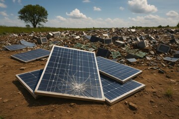 Discarded Solar Panels and Electronic Waste in a Rural Landscape