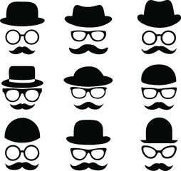 Mustache and Glasses with hat icon set. vector Illustration