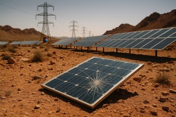 Damaged Solar Panel in Desert Landscape with Power Lines and Solar Farm