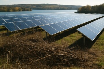 Expansive Solar Panel Farm by Tranquil Lake in Autumn Landscape
