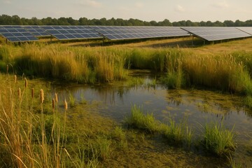 Solar Panels in a Scenic Wetland Landscape with Tall Grass and Reflection Pond