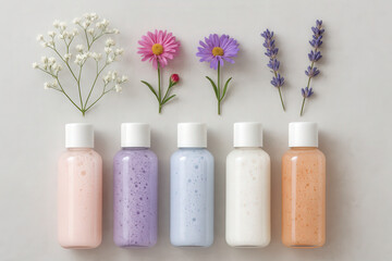 A meticulously arranged flat lay of botanical skincare elements, set against a soft dove-gray textured background