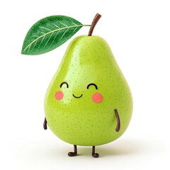 Cartoon Green Pear Character with Leaf and Cute Smiling Face on White Background