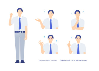 高校生・中学生（男の子）の制服ポーズセット 解説・案内・理解を示すジェスチャーの素材