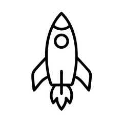 Minimalist Rocket Icon in Silhouette Style with Bold Black Line Art on White Background Representing Startup Launch, Innovation, Space Exploration, Growth, and Future Technology Concepts