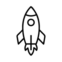 Minimalist Rocket Icon in Silhouette Style with Bold Black Line Art on White Background Representing Startup Launch, Innovation, Space Exploration, Growth, and Future Technology Concepts