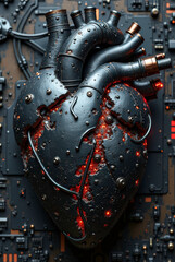 A futuristic, chrome-themed biomechanical heart integrated into a network of shiny silver gears, platinum shafts, and translucent synthetic tubing