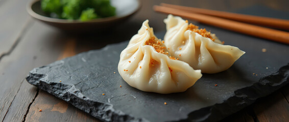 Two Steamed Gyoza on Dark Gray Slate Plate with Chopsticks