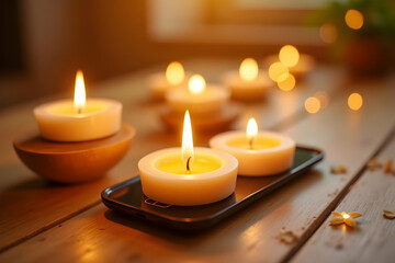Modern Floating Candles on Smartphone with QR Code in Golden Light and Copy Space
