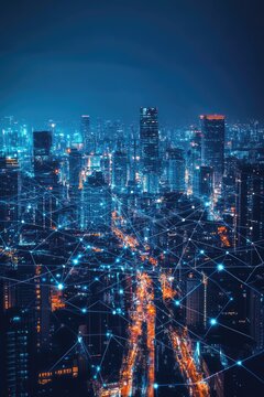 Night city skyline, glowing with connected network lines