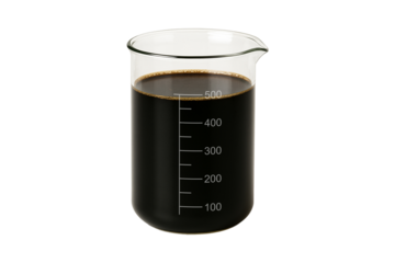 Glass beaker filled with dark crude oil on a transparent, showing the thick, viscous texture of the liquid. Perfect for energy-related projects, petroleum industry visuals, educational, clipping path