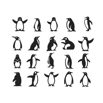 set of penguin icons, set of penguin silhouettes, penguin vector 