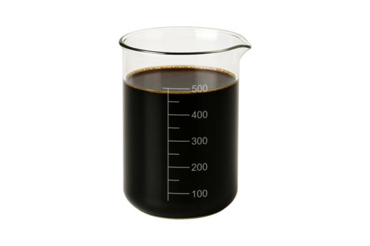Glass beaker filled with dark crude oil on a transparent, showing the thick, viscous texture of the liquid. Perfect for energy-related projects, petroleum industry visuals, educational, clipping path