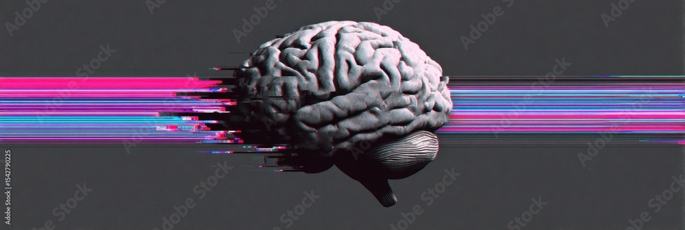 Poster fractured brain with glitch art effect over dark gradient leaves center-right space unfilled
