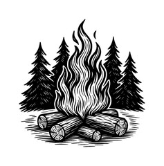 Illustration of Campfire Burning Logs Surrounded by Pine Trees in Black and White Engraving Style