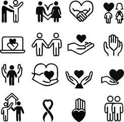 generous and sympathize icon set in thin line style, care, Friendship and love, Mutual understanding and handshake, responsibility, vector illustration
