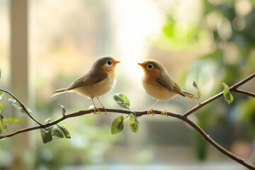Fototapeta premium Stuffed birds perched on a branch with a soft blurred background in a cozy indoor setting, Two stuffed birds on branch with blurred background