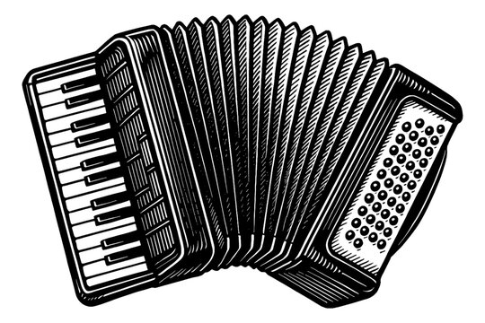 Illustration of an Accordion Musical Instrument in Detailed Black and White Engrave Style