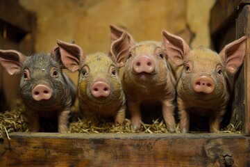 Pigs enjoying a cozy setting in a handmade wooden and tin pen under soft lighting, Pigs in handmade, wooden and tin pen steadicam shot