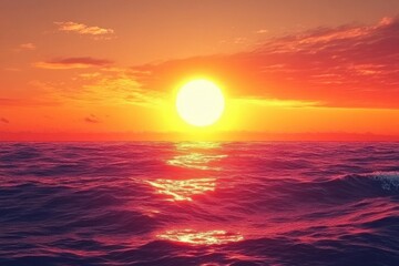 Fototapeta premium Vibrant sunset over the tranquil sea with a red sun reflecting on the water, sunset over the sea with red sun Photo background for live wallpaper
