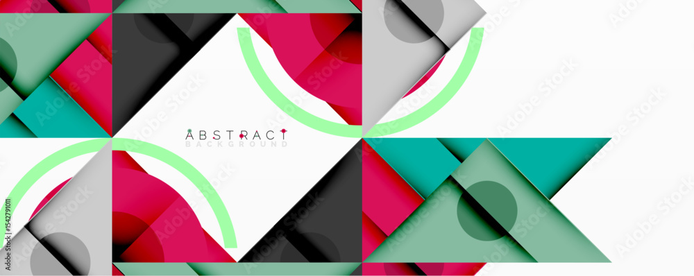 Poster Geometric shapes, vibrant colors create modern abstract design. Overlapping elements form dynamic composition. Clean lines, fresh aesthetic.