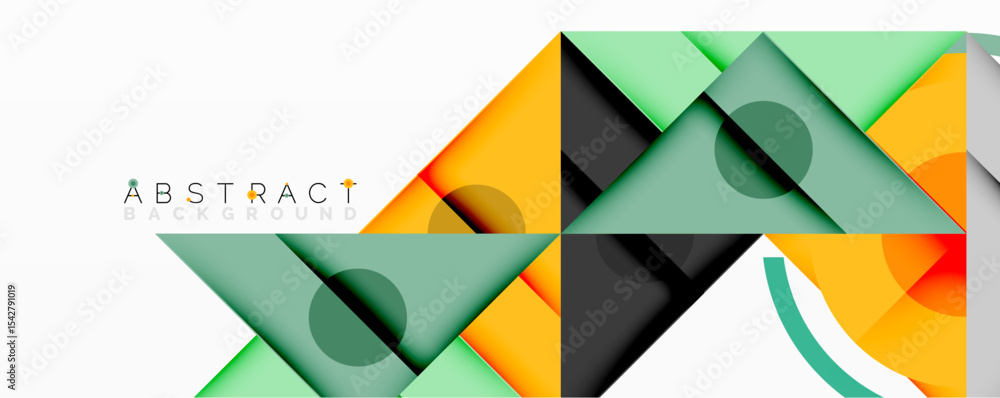 Poster geometric shapes overlap, creating layered abstract design. colors include orange, green, gray, whit