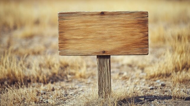 Plain wood sign stands in field of dry grass
