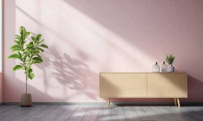 Pink - walled room with greenery & light - colored cabinet, creating a fresh & soft modern home atmosphere