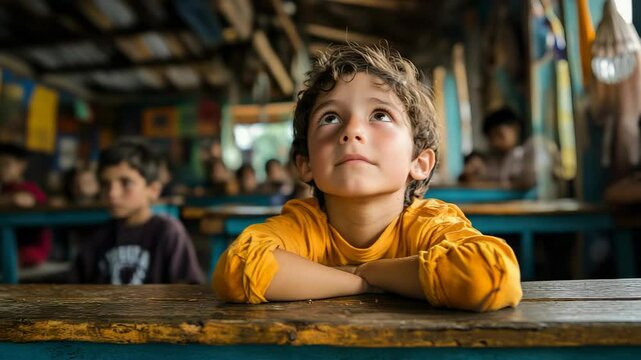 A young boy sitting at a table in a classroom
