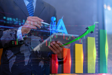 Businessman command order via smartpad with AI visual effect text. AI technology concept. Selected...