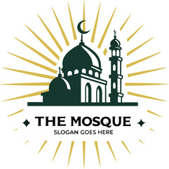 Modern Islamic Mosque Logo with Sunburst and Crescent Moon on Clean White Background