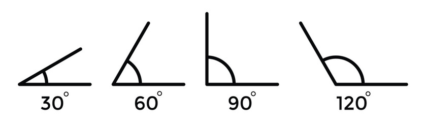 Set of Geometric Angle Icons – Math Degree Symbols from 15° to 90° with Arrows for Educational Use, Vecto illustration.