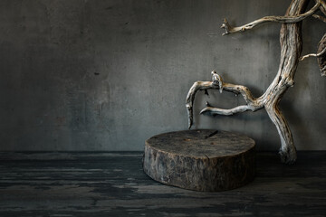 Wooden natural stand and beautiful decorative driftwood on the table, copy space.