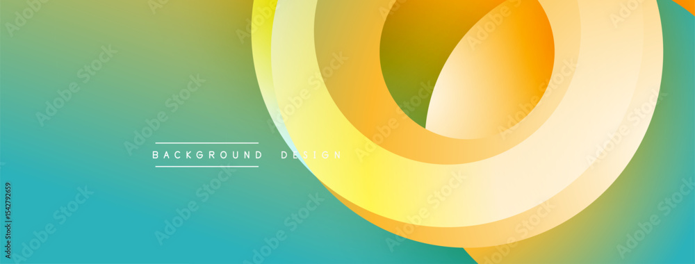 Poster Abstract design features layered circles. Colors transition from teal to yellow, orange. Modern, dynamic visual composition.