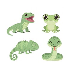 Baby Reptiles and Amphibians of Indonesia Vector Set – Komodo, Tree Frog, Chameleon, Green Snake
