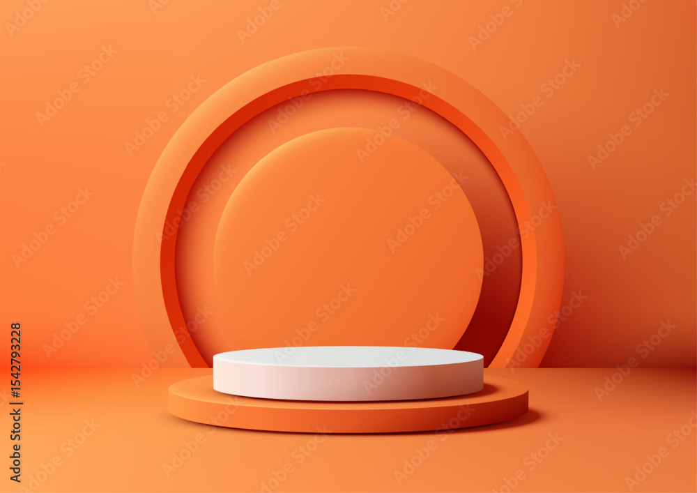 Poster minimalist 3d product showcase on white round platform with orange monochromatic background modern m