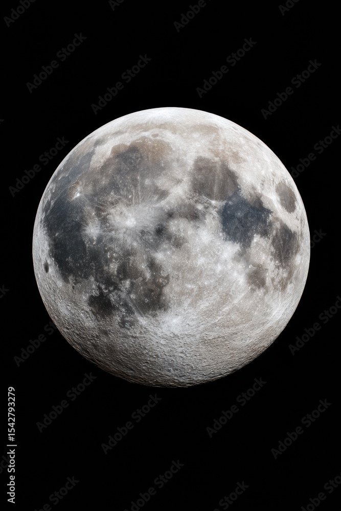 Poster detailed full moon isolated on transparent background with craters and texture for astronomy science