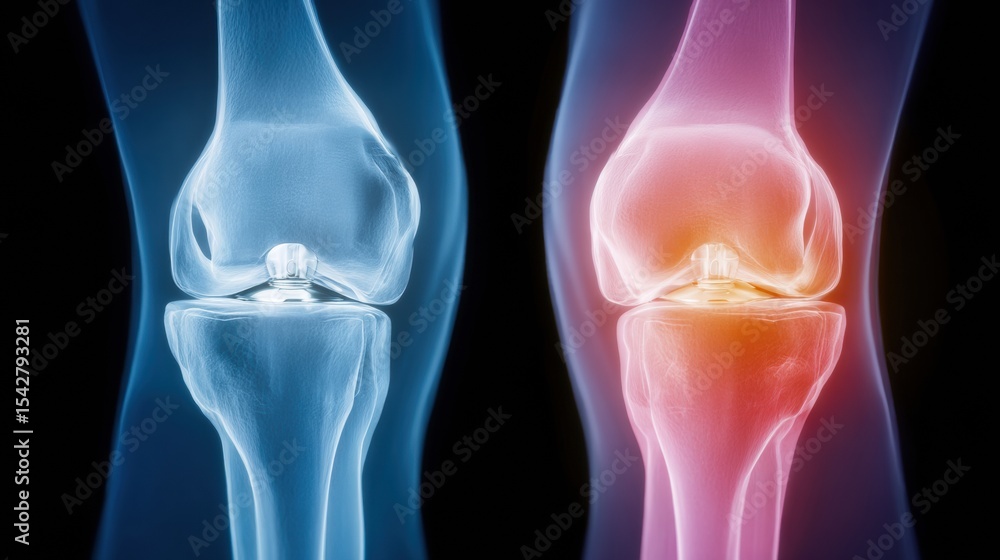 Poster modern knee replacement x-ray dual view showing total knee arthroplasty with metallic implant integr