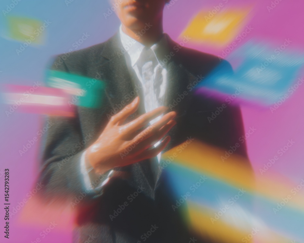 Poster futuristic it support businessman with floating digital icons in vibrant neon lighting for remote te